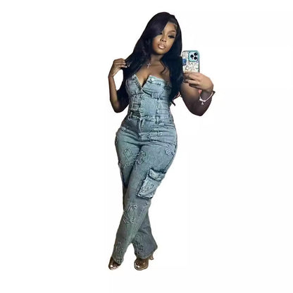 MZ (S-2XL) tube top embroidered MZ88590 cross tube top stretch one-piece trousers
