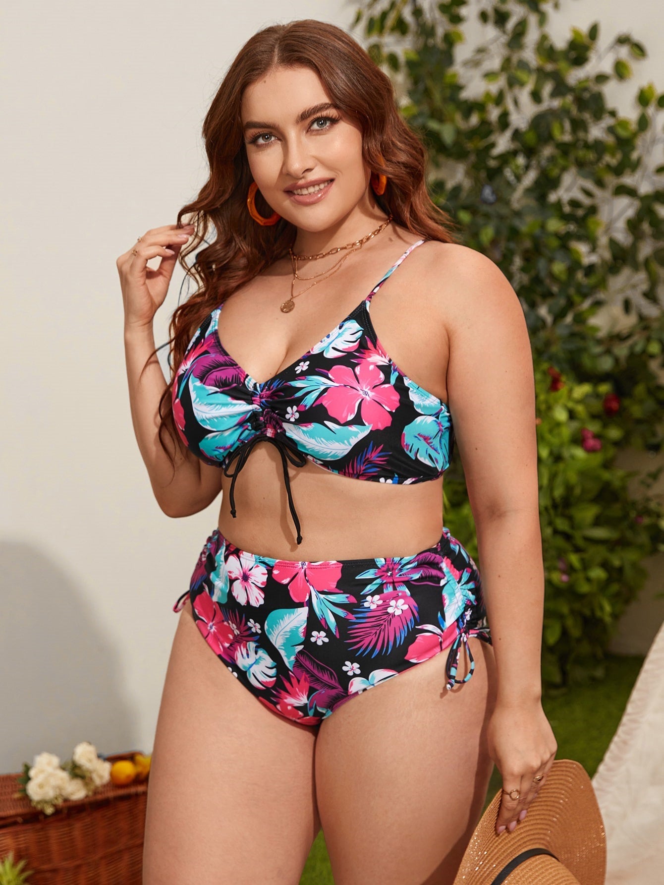 LF (L-4XL) women's split color printing swimsuit plus size