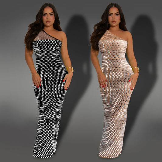 XYZ C7422 mesh rhinestone shoulder sleeveless dress