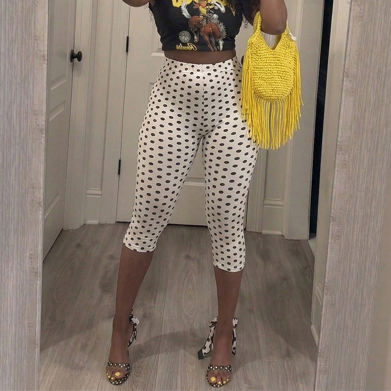DZHT J26PT151 fashionable all-match polka dot printed mid-waist tight casual cropped pants