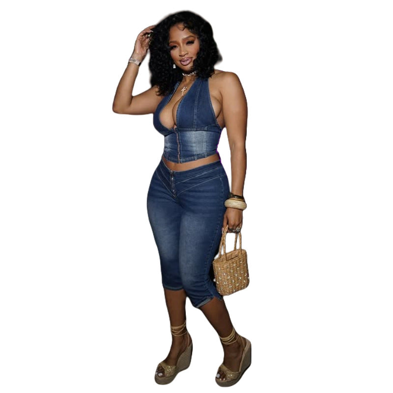 MZ (S-2XL) tube top halter lace-up denim cropped pants suit MZ88643 stretch