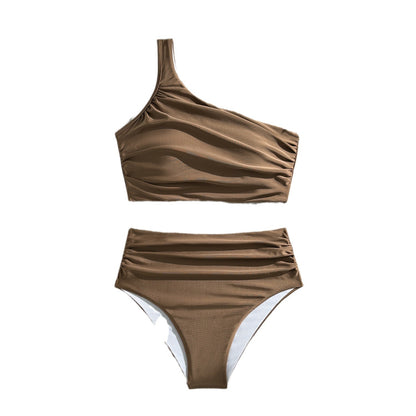 (4 days ready to ship) SY pleating high waist one shoulder split swimsuit