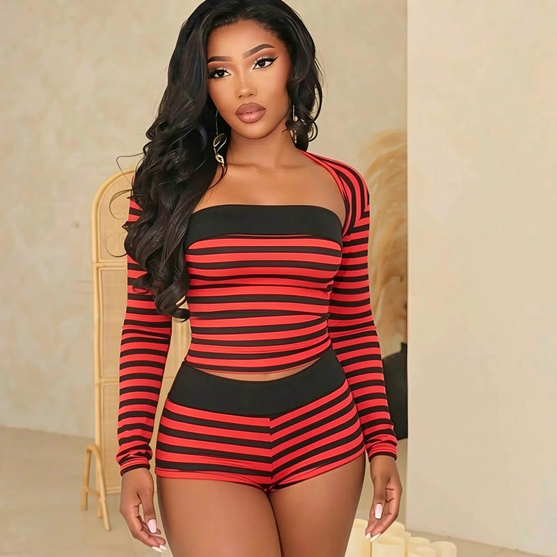 DZHT J26ST262 striped slim fit midriff-baring hot girl long sleeve shorts three-piece suit