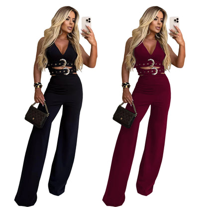 XYZ C7499 V-neck decorative buckle belt top and trousers suit