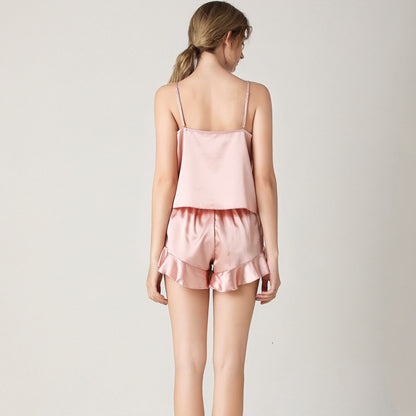 DNL imitated silk pajamas silk V-neck strap shorts two-piece pajamas suit