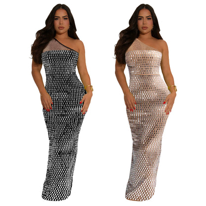 XYZ C7422 mesh rhinestone shoulder sleeveless dress