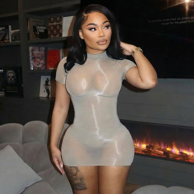 DZHT Y26DS074 tight see-through short sleeve dress