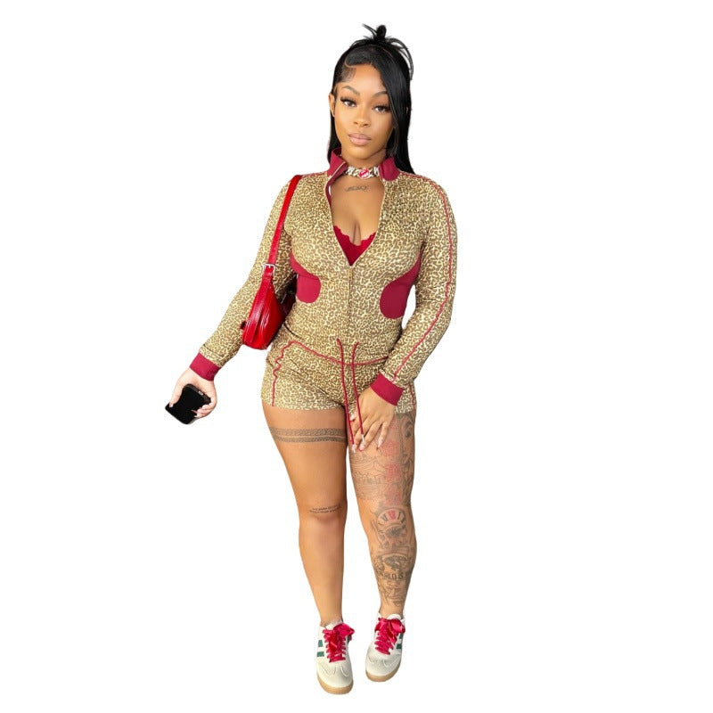 MZ (S-2XL) leopard print shorts MZ88651 long sleeve stretch suit