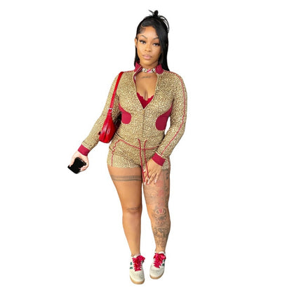 MZ (S-2XL) leopard print shorts MZ88651 long sleeve stretch suit