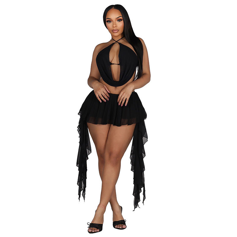 DZHT D26ST055 mesh halter swing collar tied top fake two-piece ruffled pantskirt two-piece suit