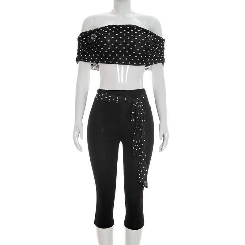 DZHT J26ST063 fashion off-the-shoulder polka dot cropped pants suit