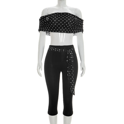 DZHT J26ST063 fashion off-the-shoulder polka dot cropped pants suit