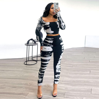 GY (S-3XL) K3152 printed slim fit sunken stripe two-piece set