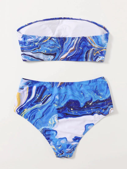 LF (L-4XL) women's split color printing swimsuit plus size