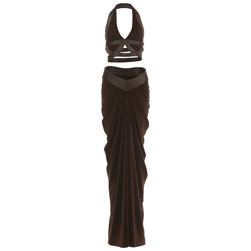 SXR K25S88190 spring exposed navel halterneck vest ruffle hip long skirt suit