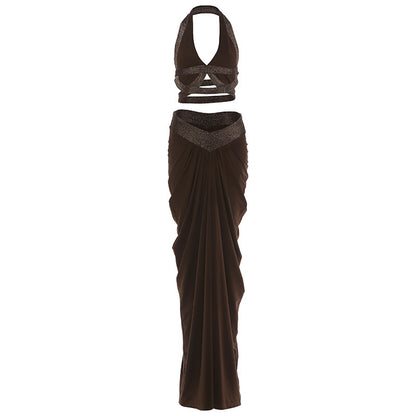 SXR K25S88190 spring exposed navel halterneck vest ruffle hip long skirt suit