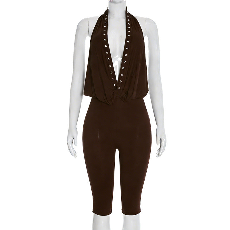 DZHT J26JP015 spring rivet halter backless cropped jumpsuit