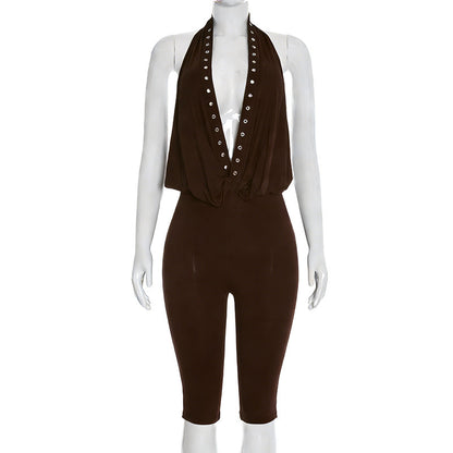 DZHT J26JP015 spring rivet halter backless cropped jumpsuit
