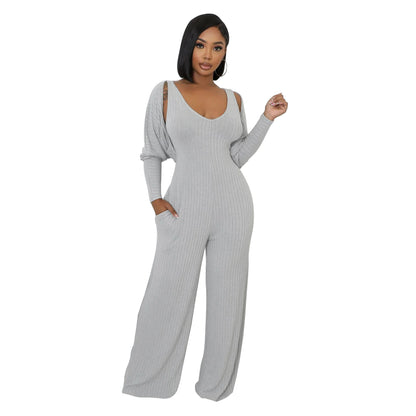 MYF (S-2XL) K10794 sunken stripe long sleeve vest jumpsuit