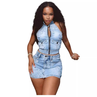MZ (S-2XL) embroidered denim skirt MZ88583 vest short skirt stretch suit