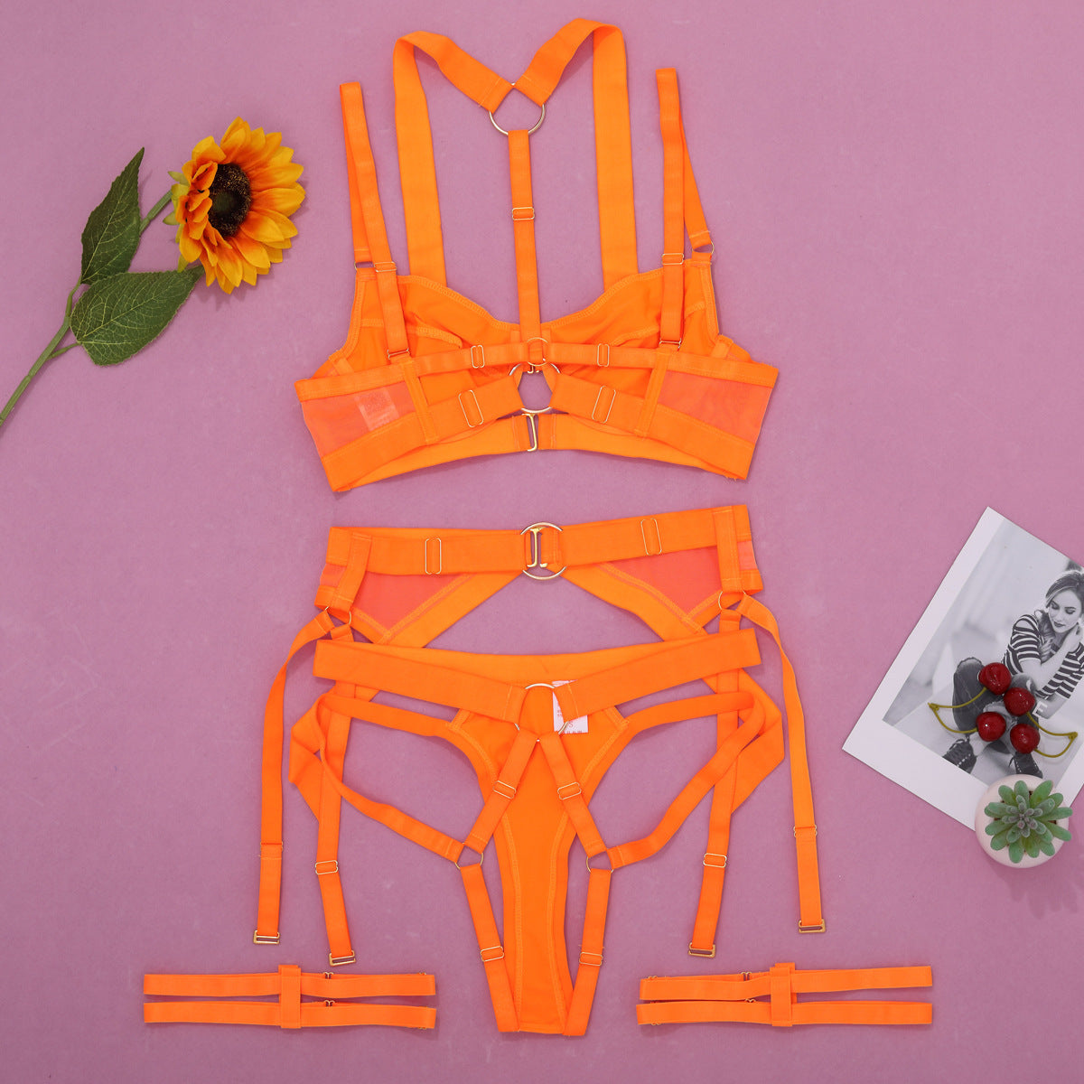 Sexy lingerie set complex halterneck with suspenders four-piece set 0930