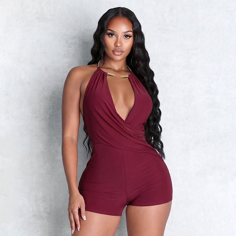 DZHT J26RP124 summer halter spaghetti straps draped backless Siamese shorts