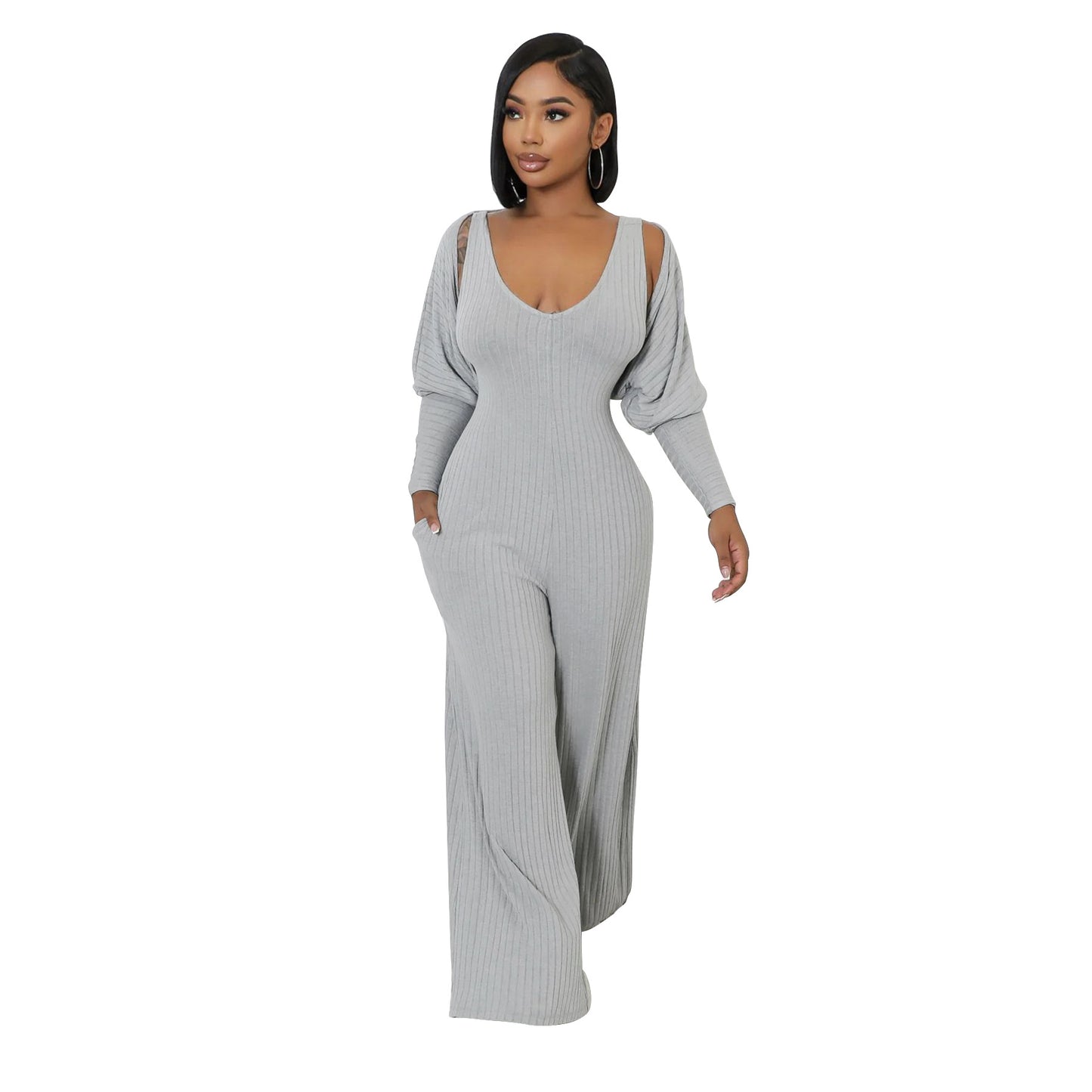 MYF (S-2XL) K10794 high elastic sunken stripe long sleeve vest jumpsuit