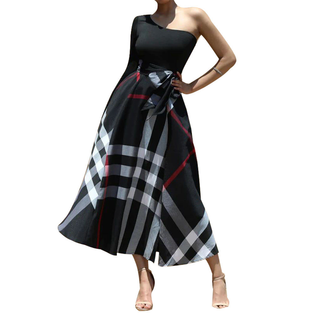 MYF (S-2XL) K10635 autumn and winter one-shoulder floral print slit dress