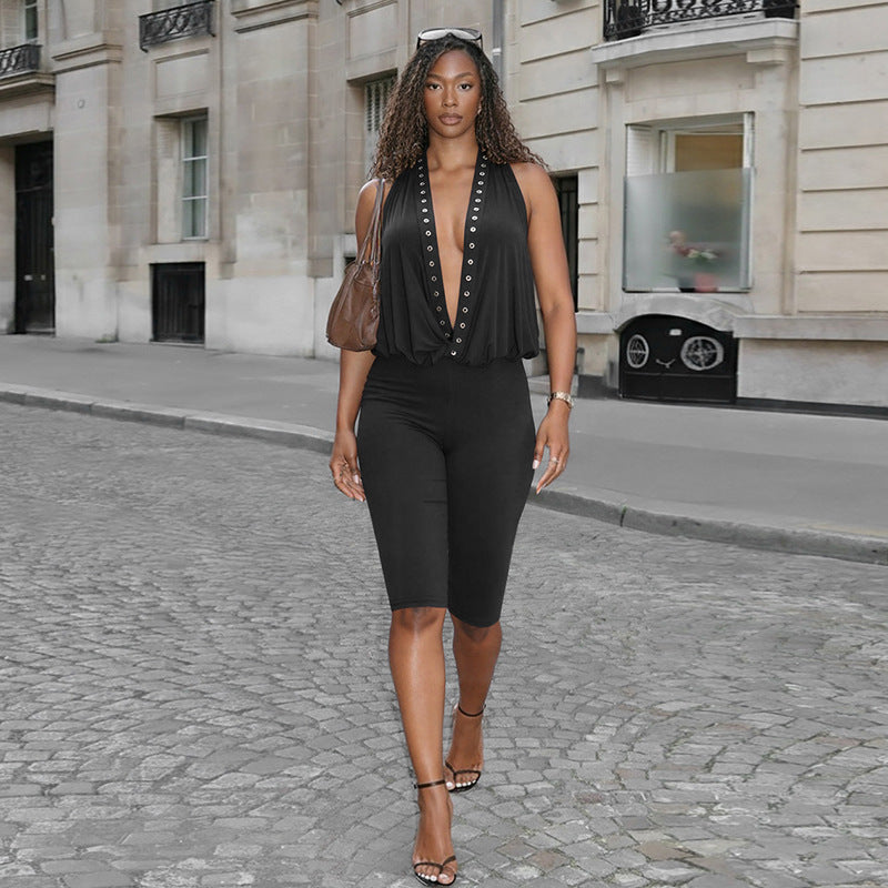 DZHT J26JP015 spring rivet halter backless cropped jumpsuit