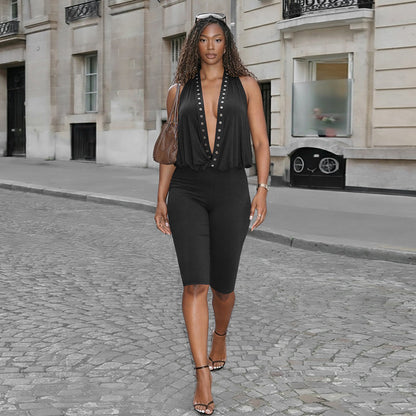 DZHT J26JP015 spring rivet halter backless cropped jumpsuit