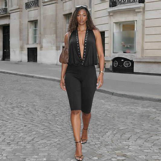 DZHT J26JP015 spring rivet halter backless cropped jumpsuit