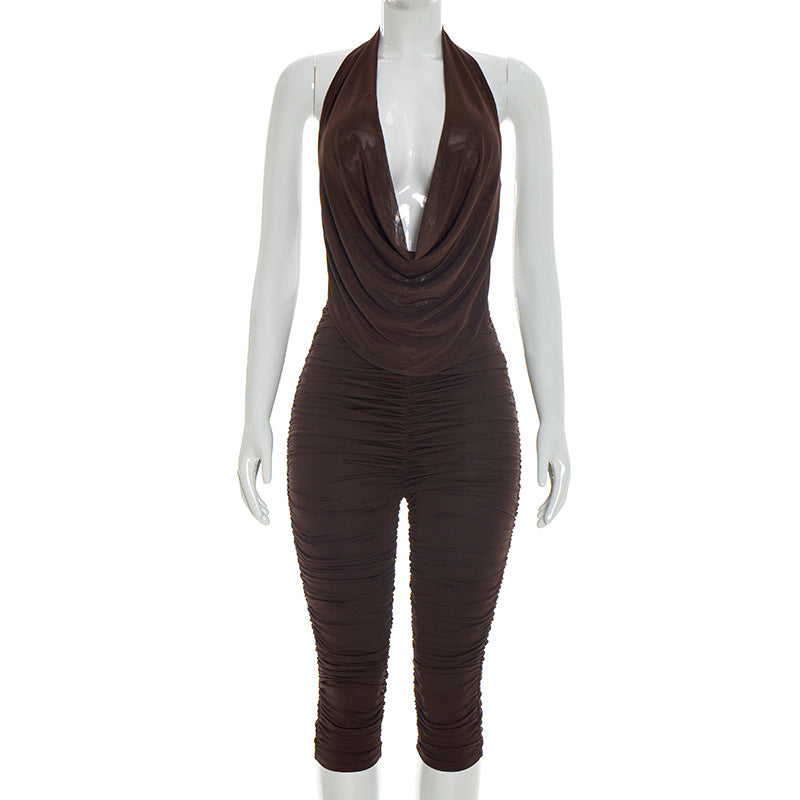 DZHT C26ST071 swing collar backless pleated mesh halter cropped pants suit