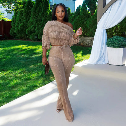 XYZ C7568 casual shoulder long sleeve top and trousers two-piece set