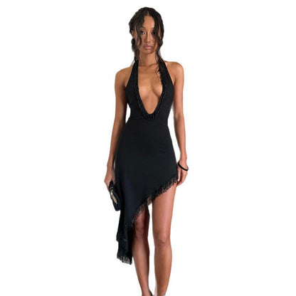 DLS autumn tassel stitching halter backless V-neck irregular dress