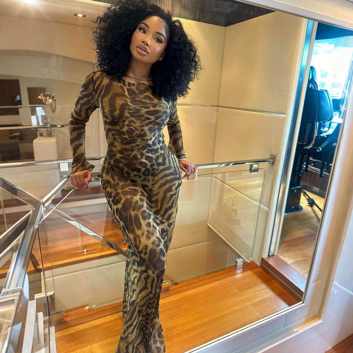 DLS summer long-sleeve round neck leopard print printed sexy sheath dress