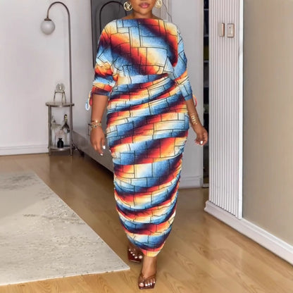GY (S-3XL) S10910 printed pleating Raglan long sleeves skirt two-piece set