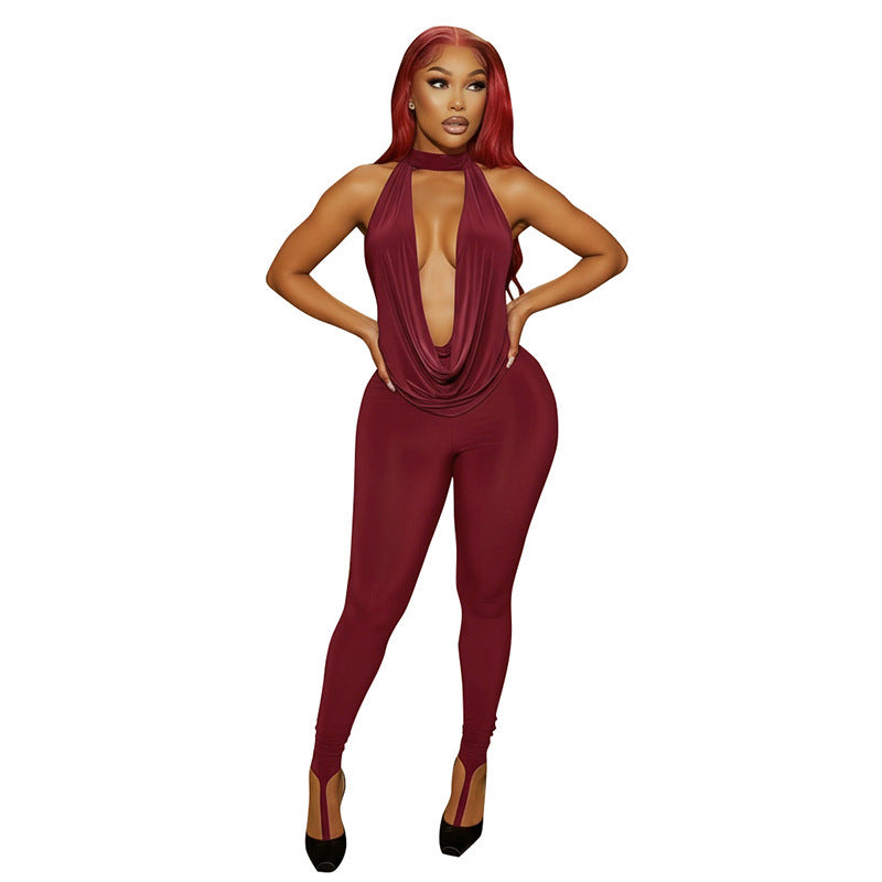 DZHT J26ST020 halter backless lace-up swing collar top toe ring pants two-piece suit