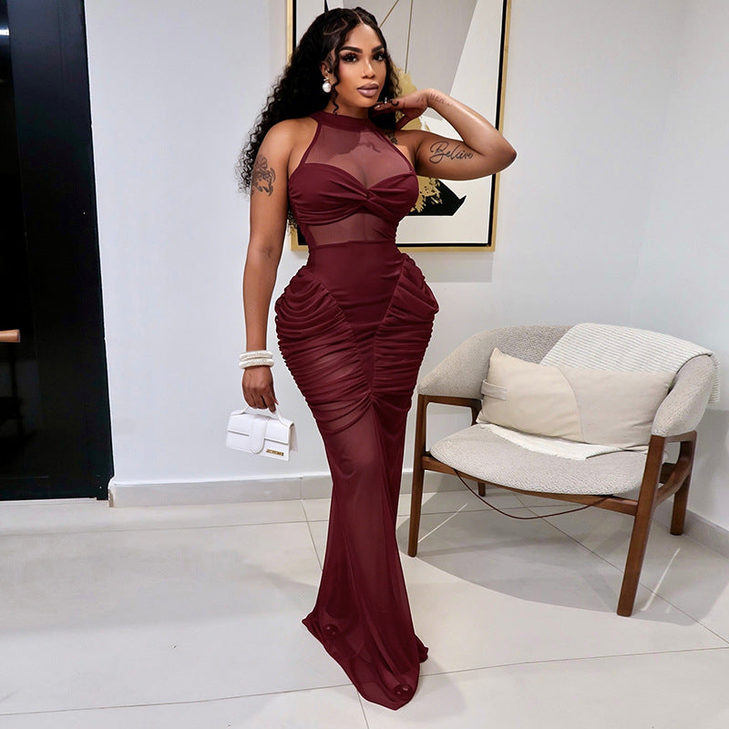DZHT D26DS180 mesh stitching see-through sleeveless twisted pleated dress