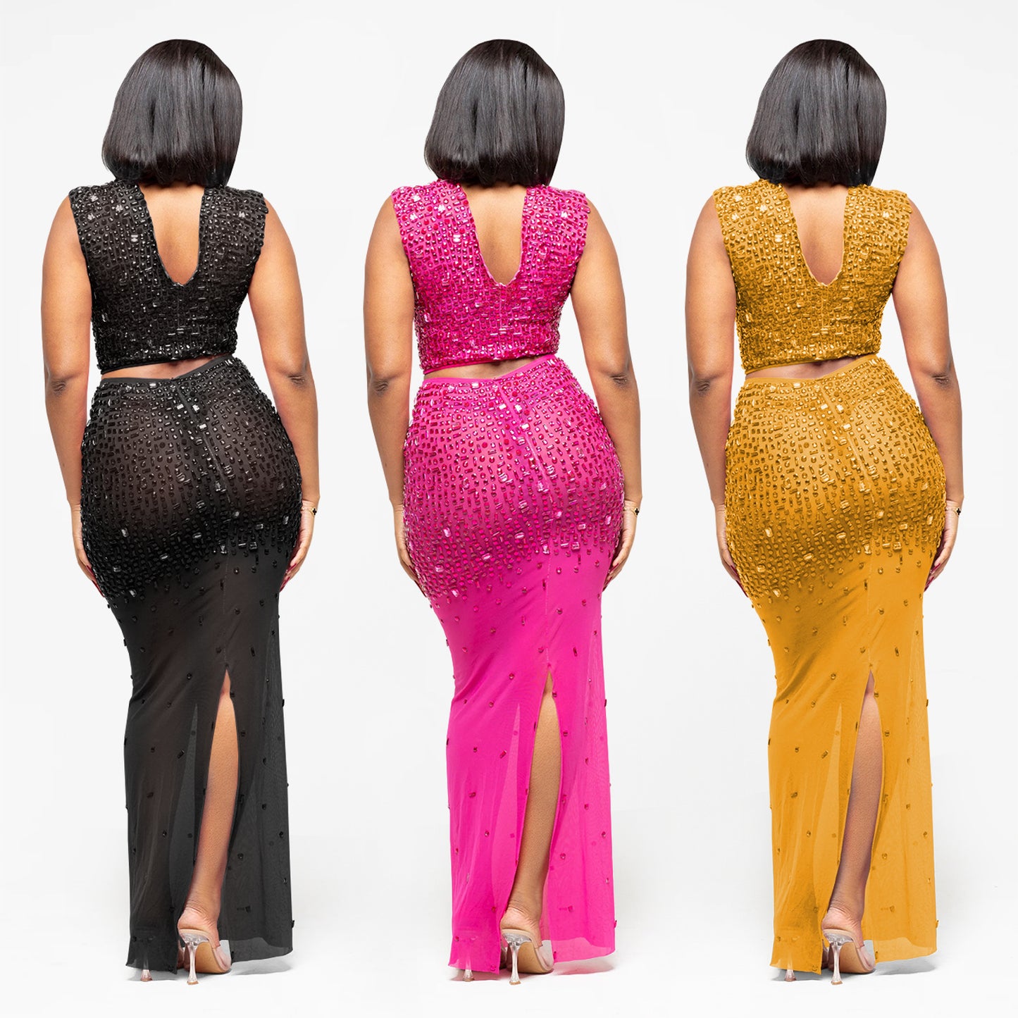 XYZ C7580 sheer mesh rhinestone dress two-piece set