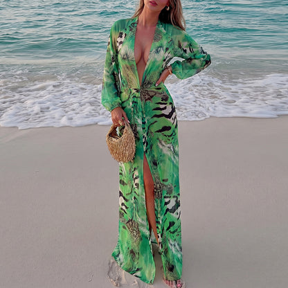 SXR K6D11375A summer backless deep V split long sleeve dress
