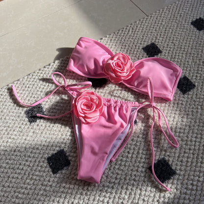 (4 days ready to ship) SY rose tube top drawstring strap split swimsuit bikini 9150