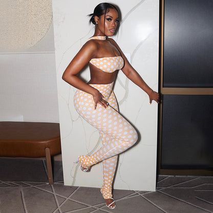DZHT D25ST573 polka dot print halterneck vest backless top tight trousers two-piece suit
