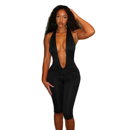 DZHT C26JP020 spring lace-up halterneck jumpsuit cropped pants