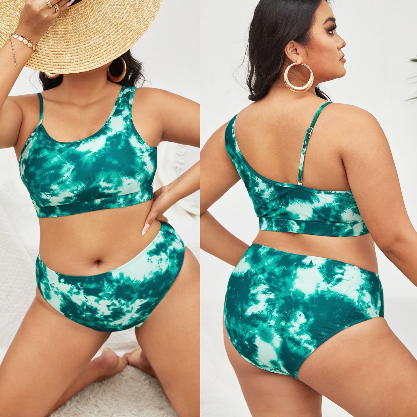 LF (L-4XL) women's split color printing swimsuit plus size