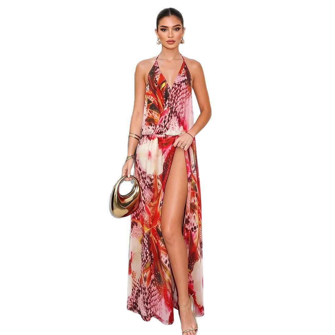 SXR K6D11504A summer V-neck halter backless slit dress