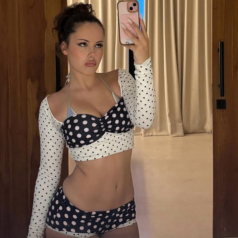 SXR K6S09043A summer hot girl midriff-baring top hip shorts contrast color polka dot set