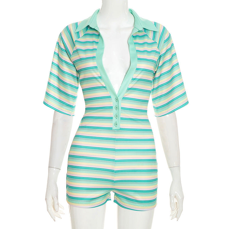 DZHT Y26RP283 autumn striped printed deep V-neck short sleeve slim fit one-piece shorts