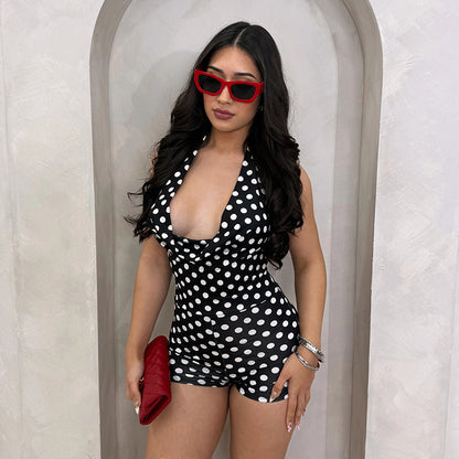 DZHT D26RP106 summer polka dot printed halter swing collar bare back one-piece shorts