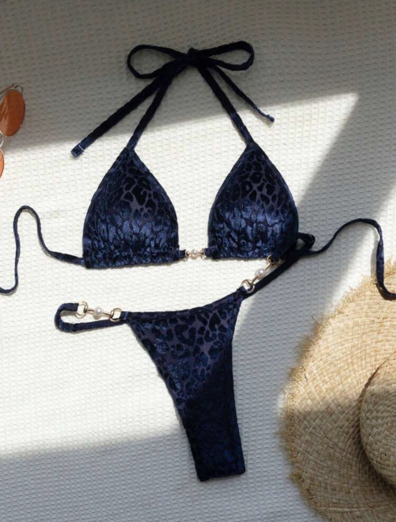 (4 days ready to ship) SY T-shaped pearl leopard special fabric swimsuit bikini