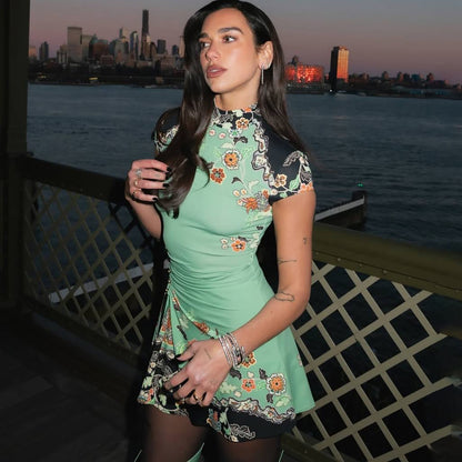 SXR spring sexy pleated waist tight short-sleeved printed dress